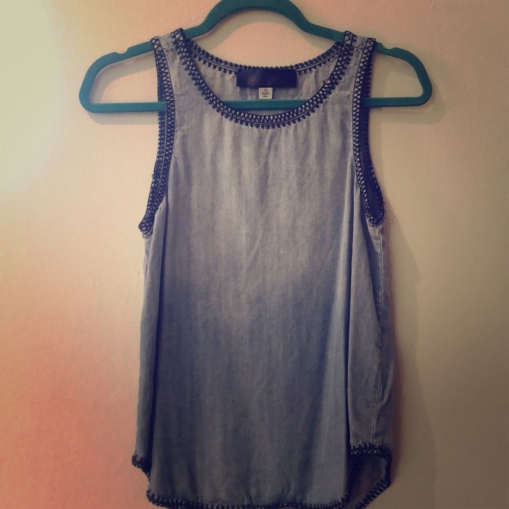 Denim tank, lighter wash, stitch detail.